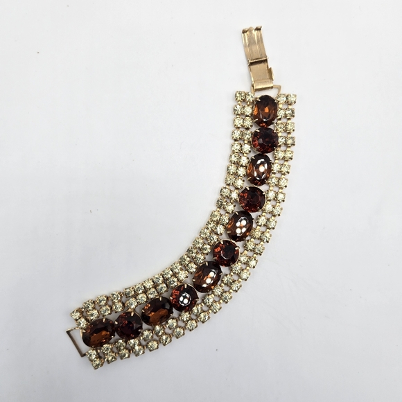 Vintage Rhinestone Bracelet Rootbeer Champagne Chunky Statement 1950s Gilded Age - Picture 2 of 4